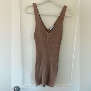 Babaton Aritzia taupe beige brown v-neck ribbed mini dress super stretchy (L)